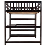 Full Size Loft Bed with Storage Shelves and Under-bed Desk Espresso