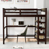 Full Size Loft Bed with Storage Shelves and Under-bed Desk Espresso