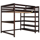 Full Size Loft Bed with Storage Shelves and Under-bed Desk Espresso