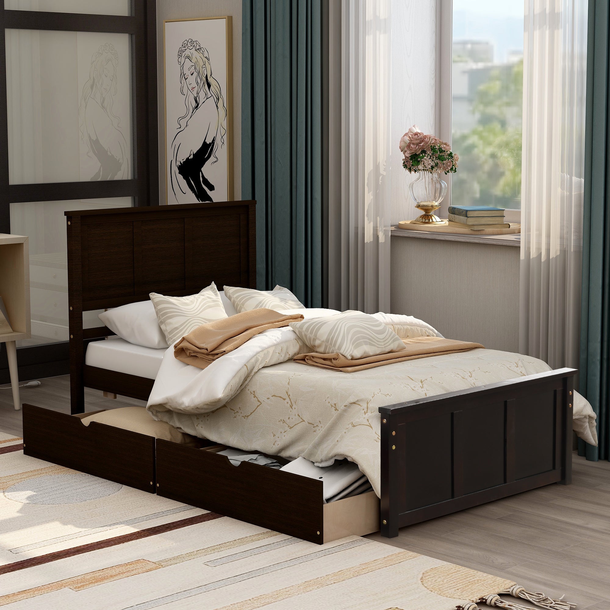 Twin Storage Bed | Platform Bed with 2 Drawers Espresso eprolo