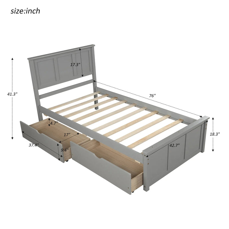 Wood Twin Storage Bed | Twin Platform Bed with 2 Drawers eprolo