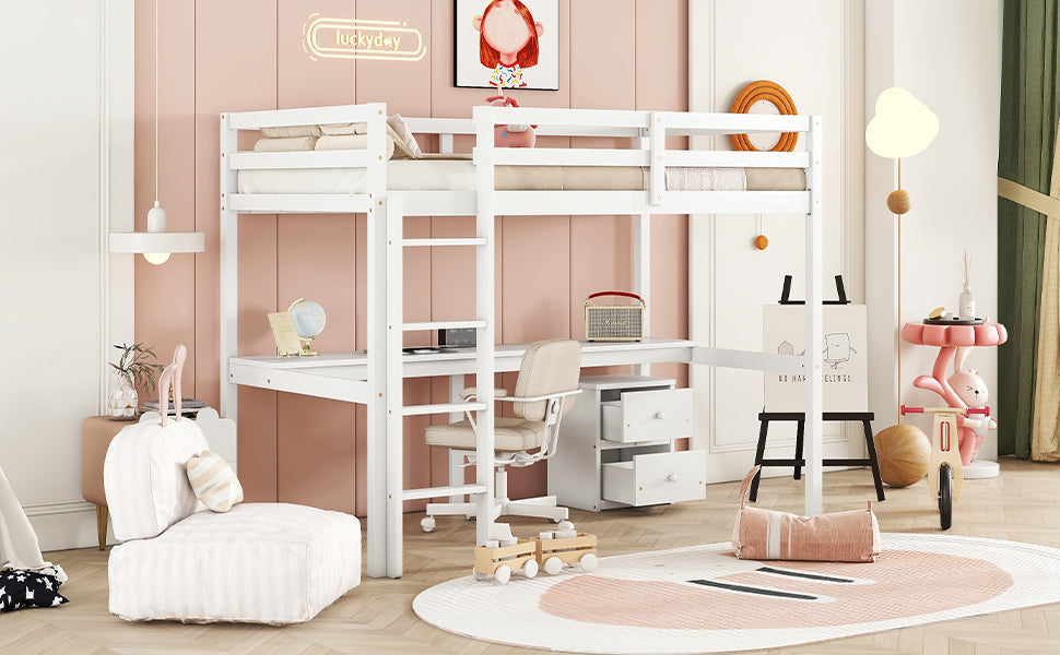 Twin Loft Bed White | Desk & 2 Drawer Storage Cabinet Bed eprolo