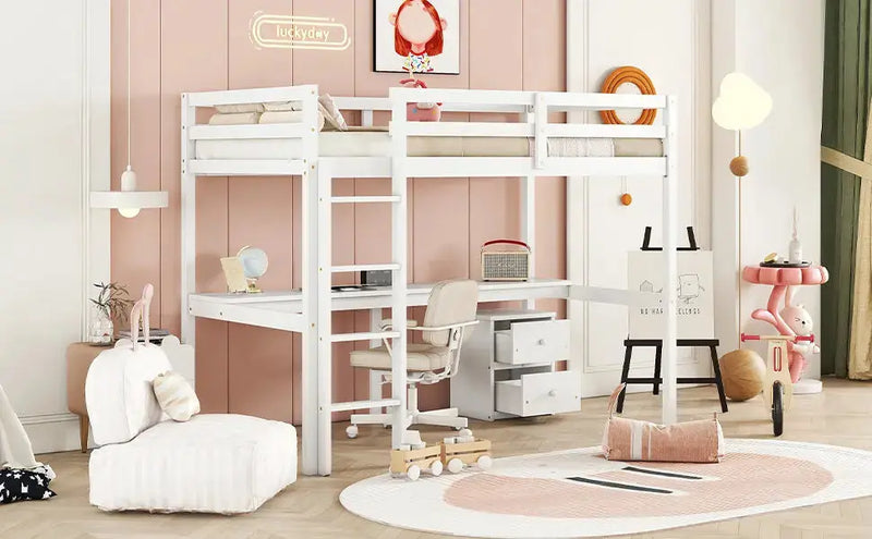 Twin Loft Bed White | Desk & 2 Drawer Storage Cabinet Bed eprolo