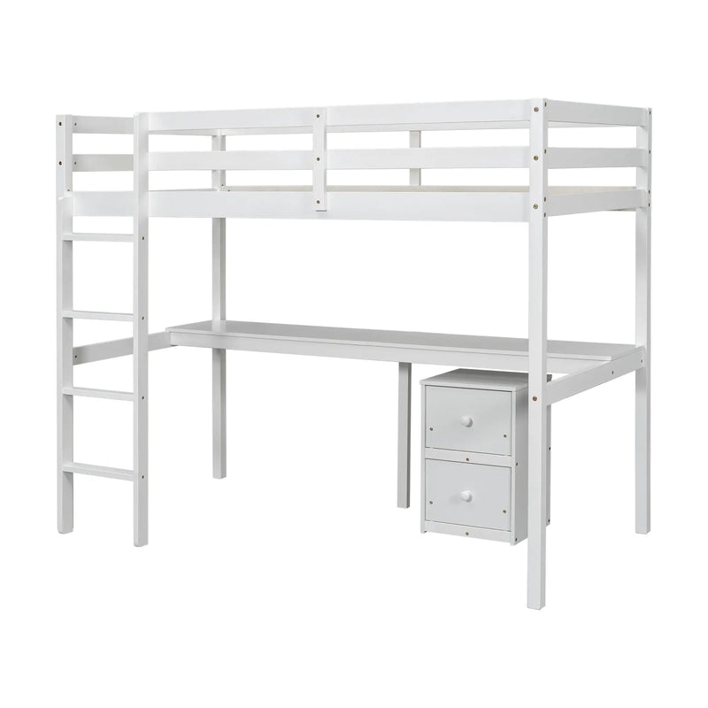 Twin Loft Bed White | Desk & 2 Drawer Storage Cabinet Bed eprolo