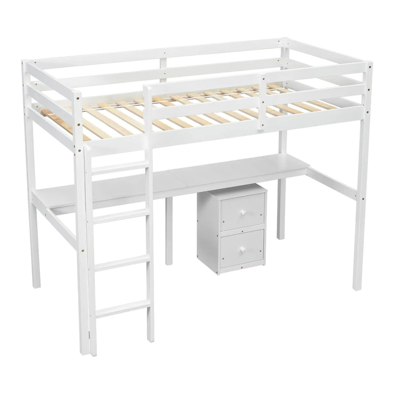 Twin Loft Bed White | Desk & 2 Drawer Storage Cabinet Bed eprolo