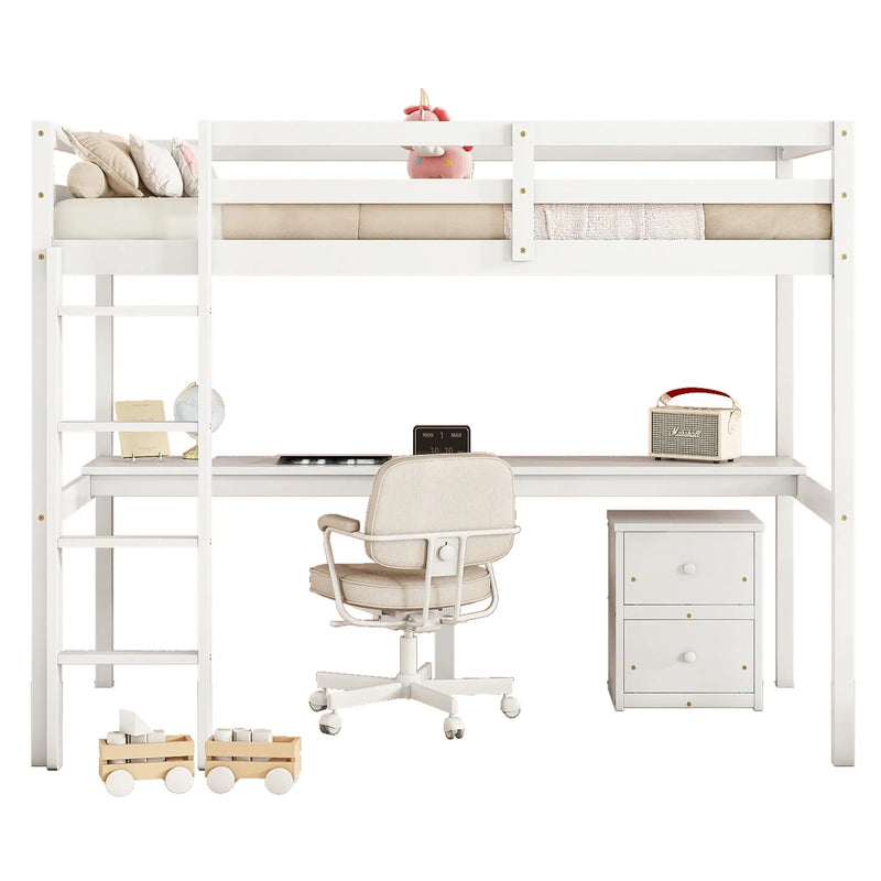 Twin Loft Bed White | Desk & 2 Drawer Storage Cabinet Bed eprolo