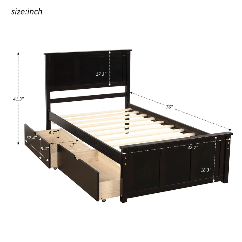 Twin Storage Bed | Platform Bed with 2 Drawers Espresso eprolo