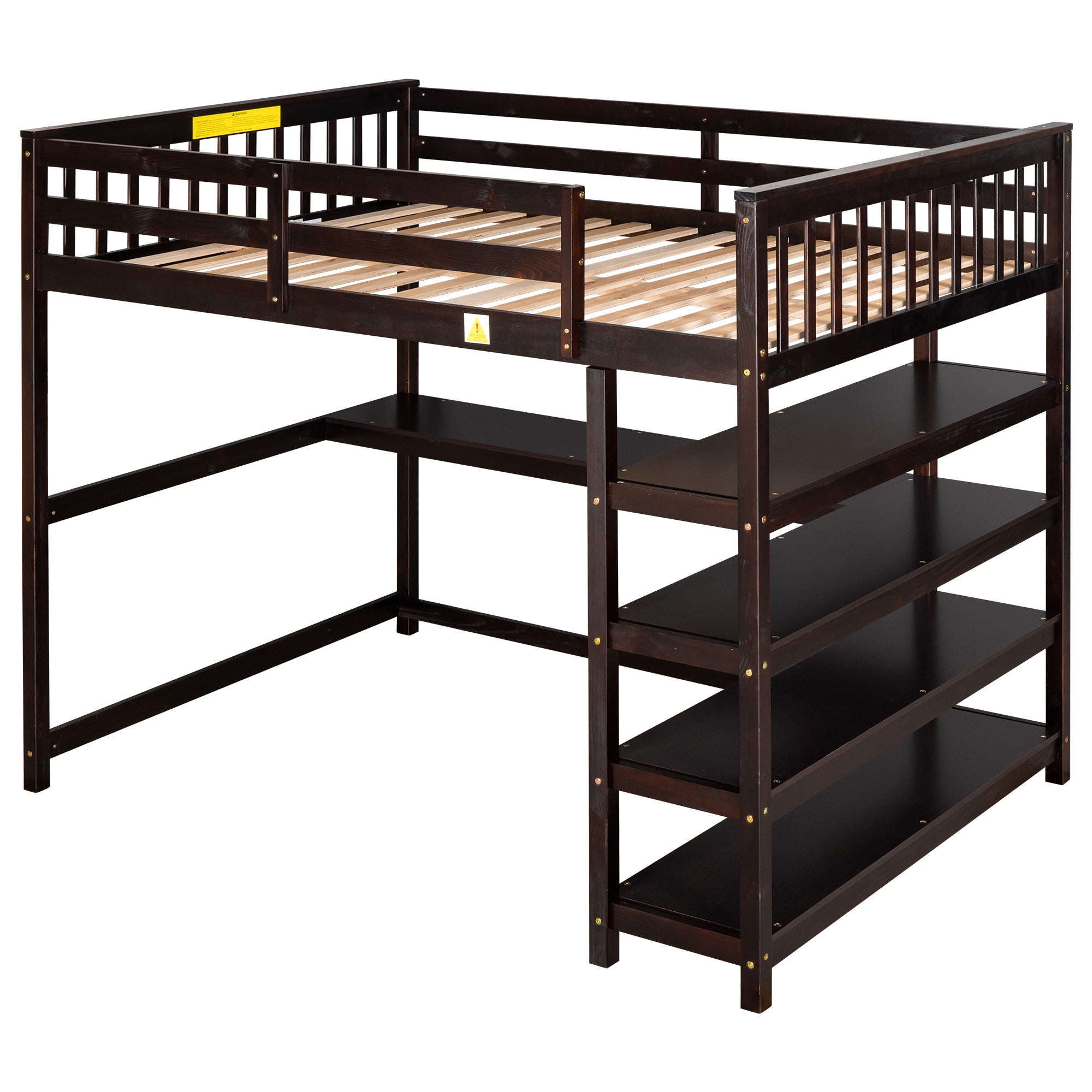 Full Size Loft Bed with Storage Shelves and Under-bed Desk  Espresso eprolo