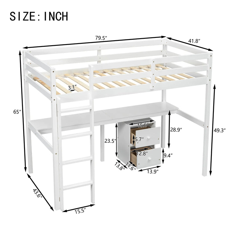Twin Loft Bed White | Desk & 2 Drawer Storage Cabinet Bed eprolo