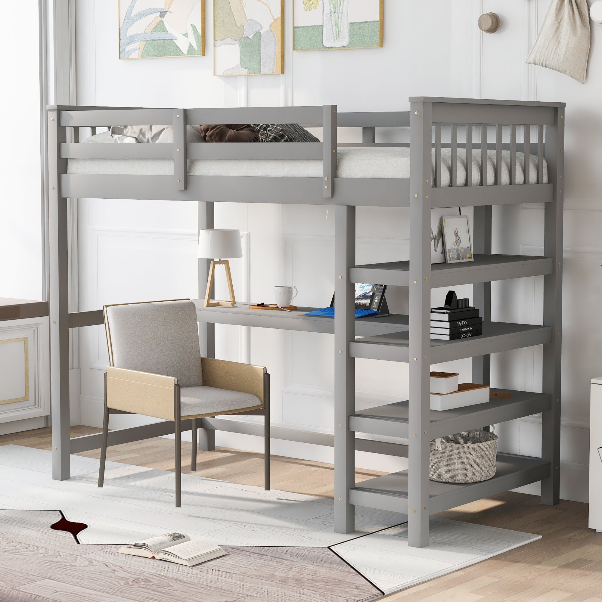 Gray Twin Loft Bed | Desk & Storage Shelves Bedroom Bed eprolo