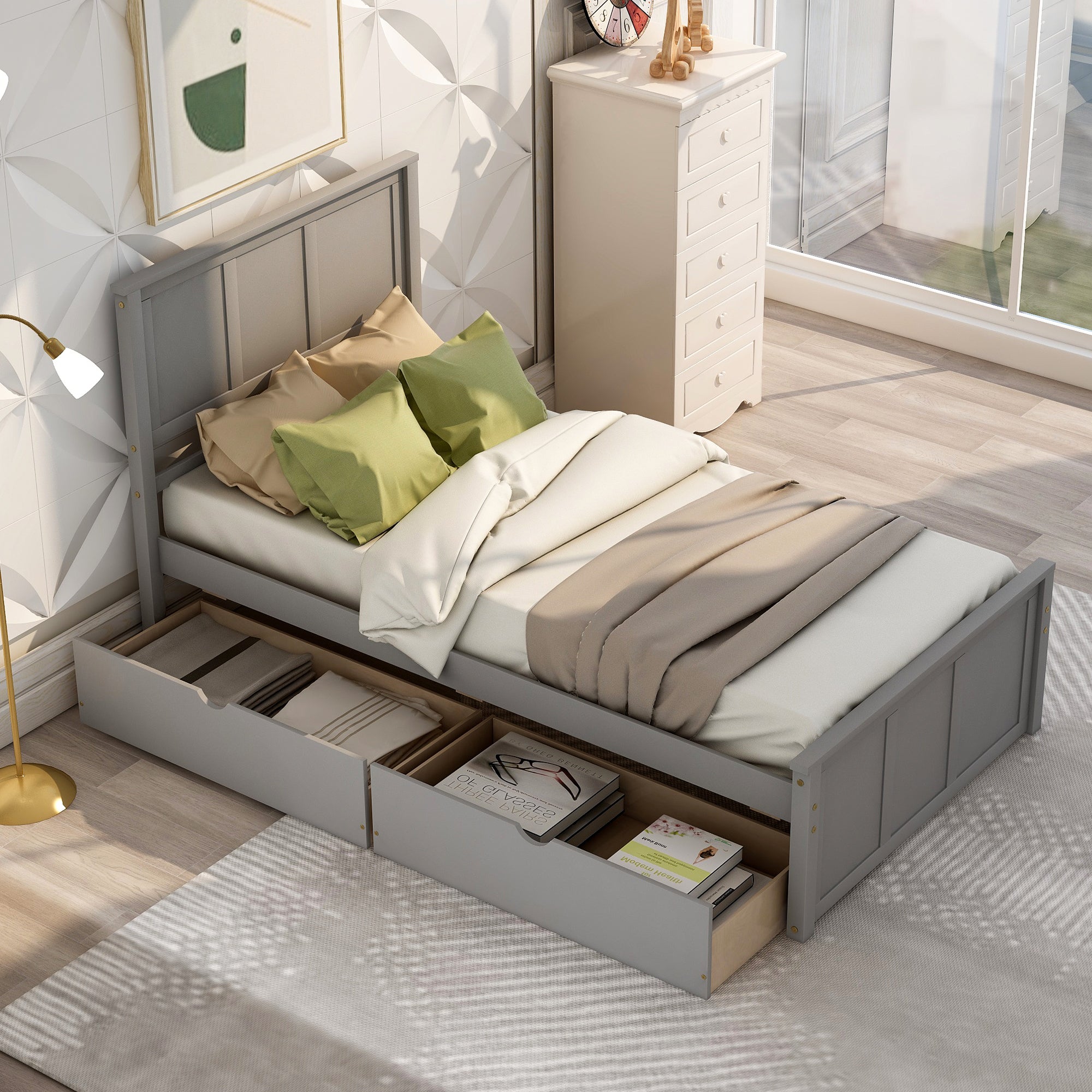 Wood Twin Storage Bed | Twin Platform Bed with 2 Drawers eprolo
