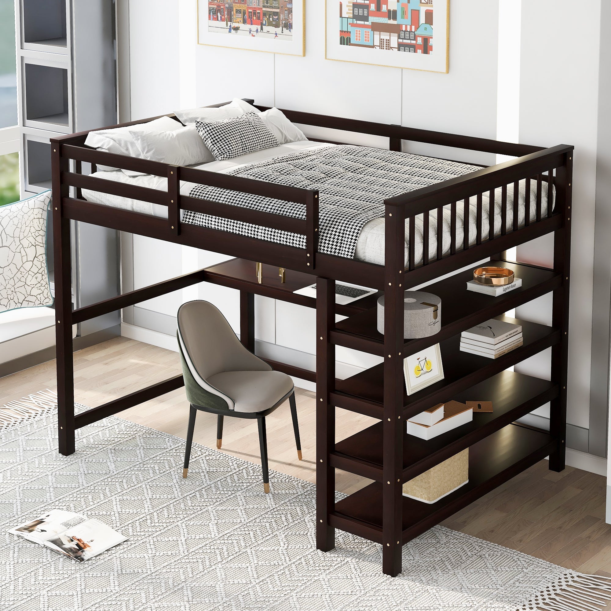 Full Size Loft Bed with Storage Shelves and Under-bed Desk  Espresso eprolo
