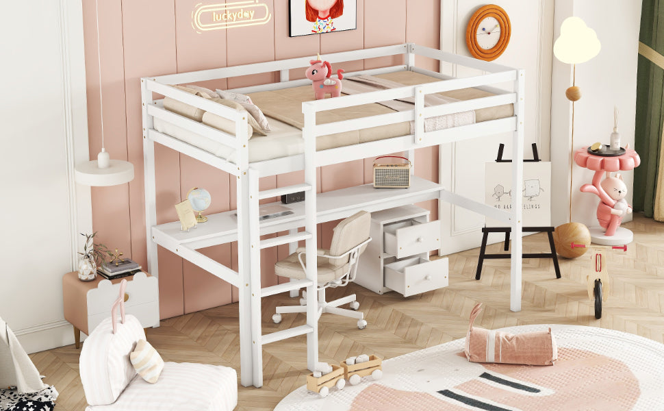 Twin Loft Bed White | Desk & 2 Drawer Storage Cabinet Bed eprolo