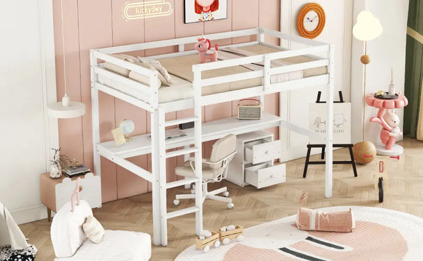 Twin Loft Bed White | Desk & 2 Drawer Storage Cabinet Bed eprolo