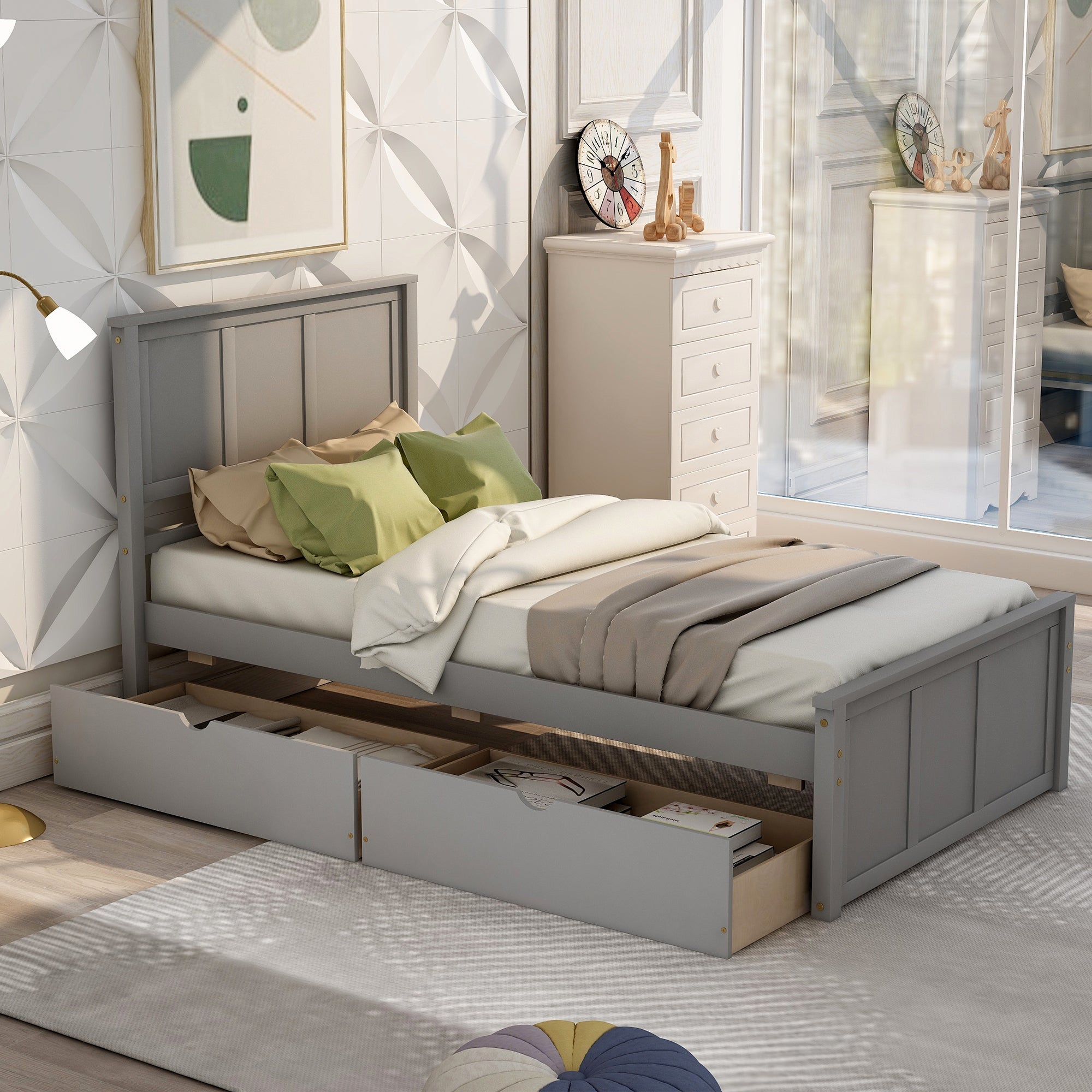 Wood Twin Storage Bed | Twin Platform Bed with 2 Drawers eprolo
