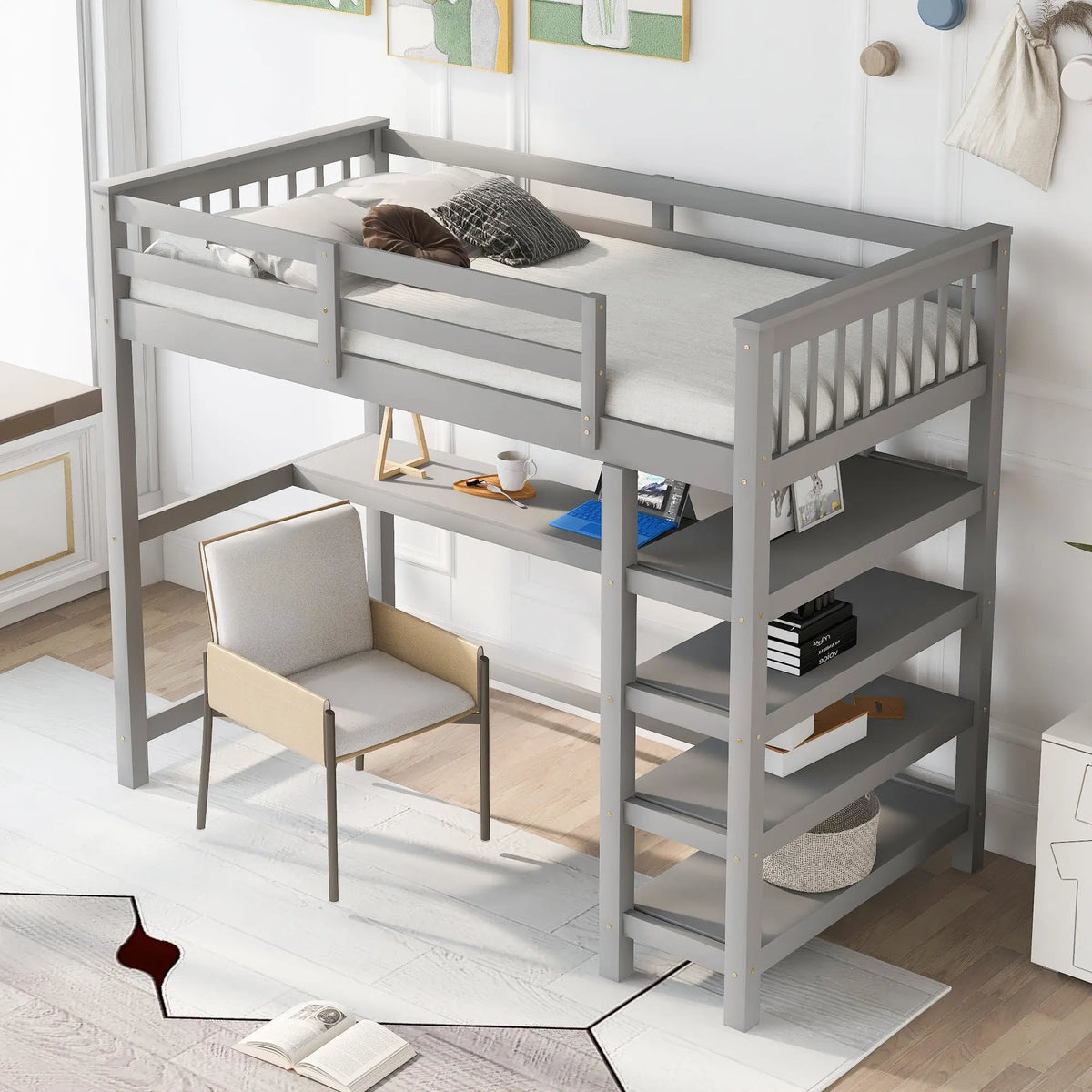 Gray Twin Loft Bed | Desk & Storage Shelves Bedroom Bed eprolo