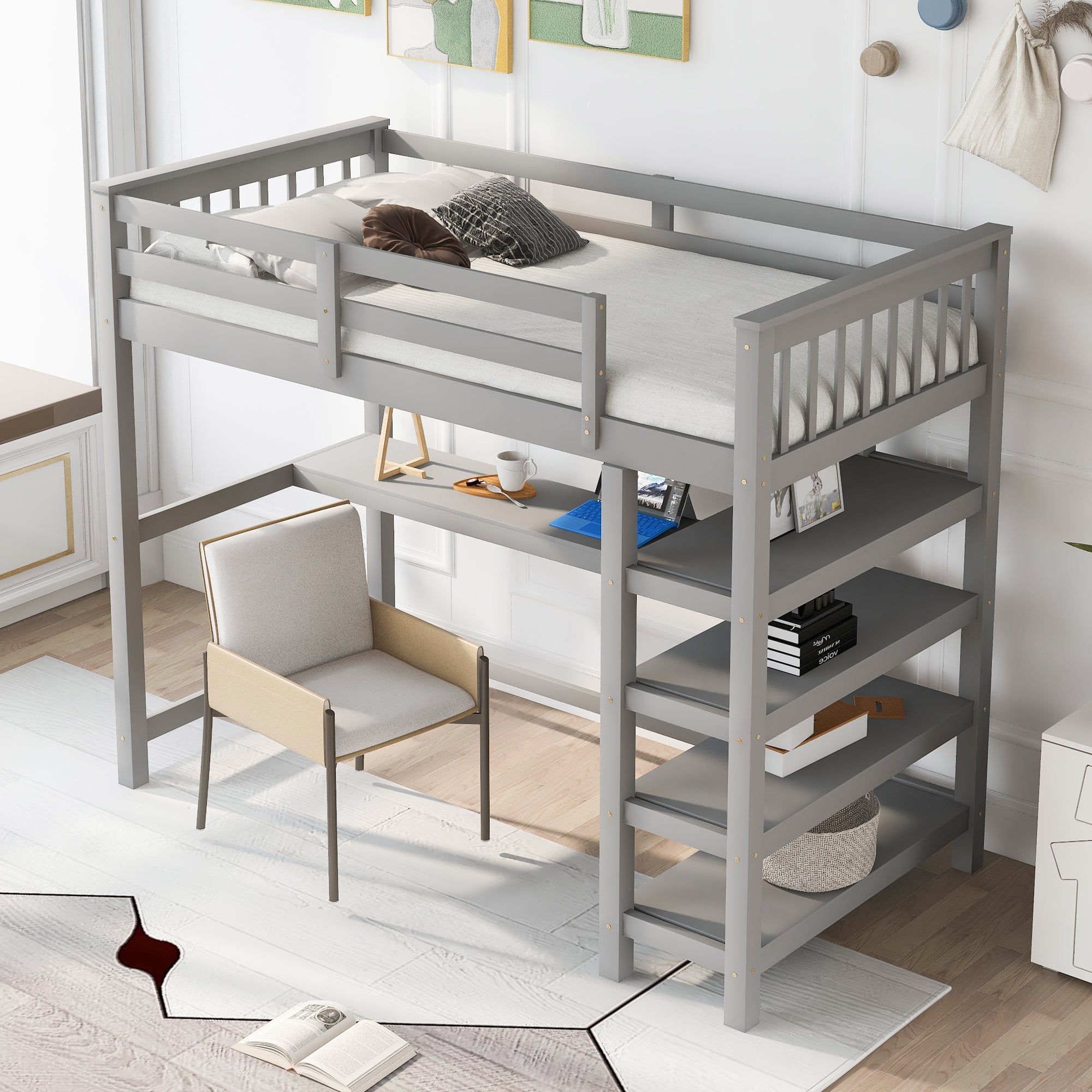 Gray Twin Loft Bed | Desk & Storage Shelves Bedroom Bed eprolo