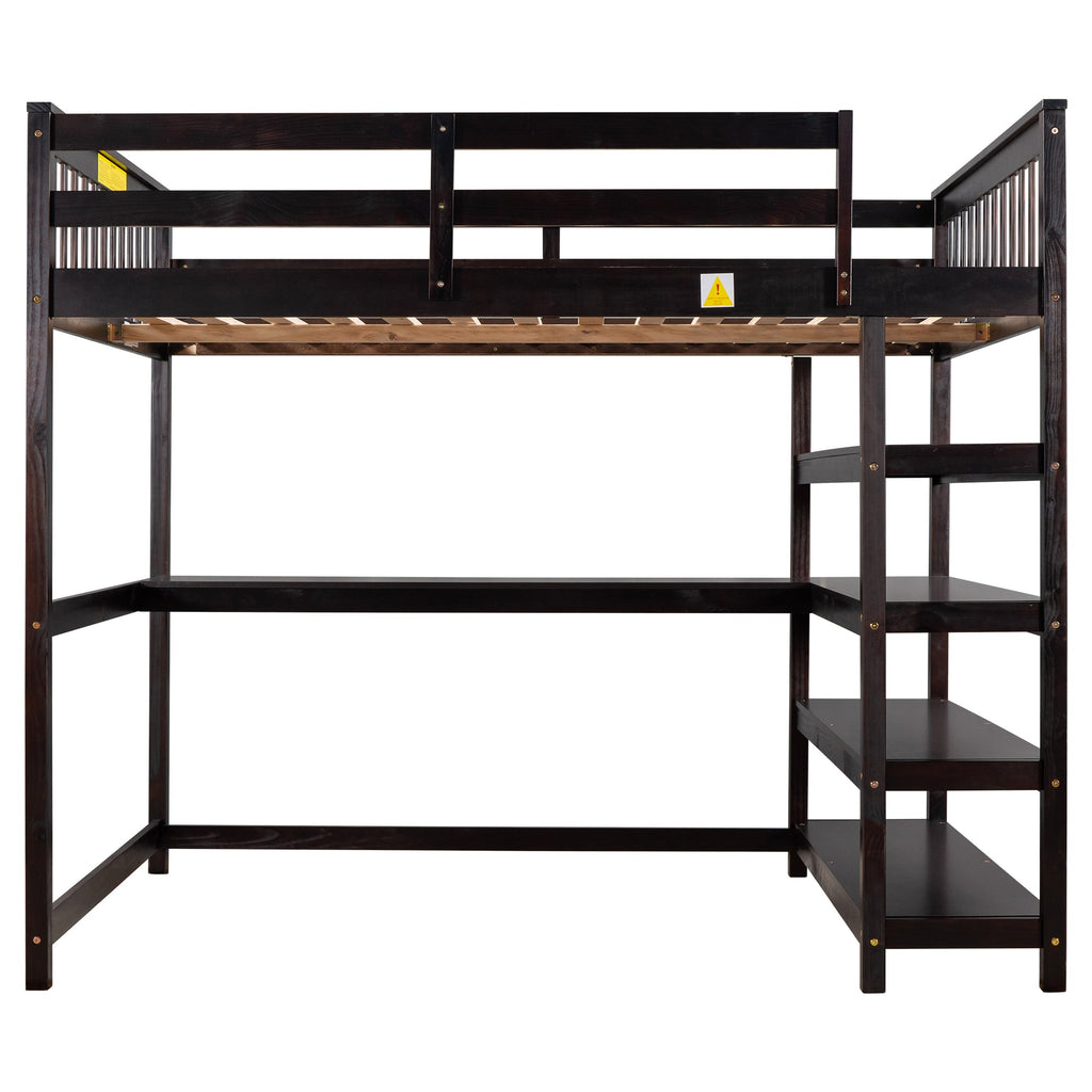 Full Size Loft Bed with Storage Shelves and Under-bed Desk  Espresso eprolo