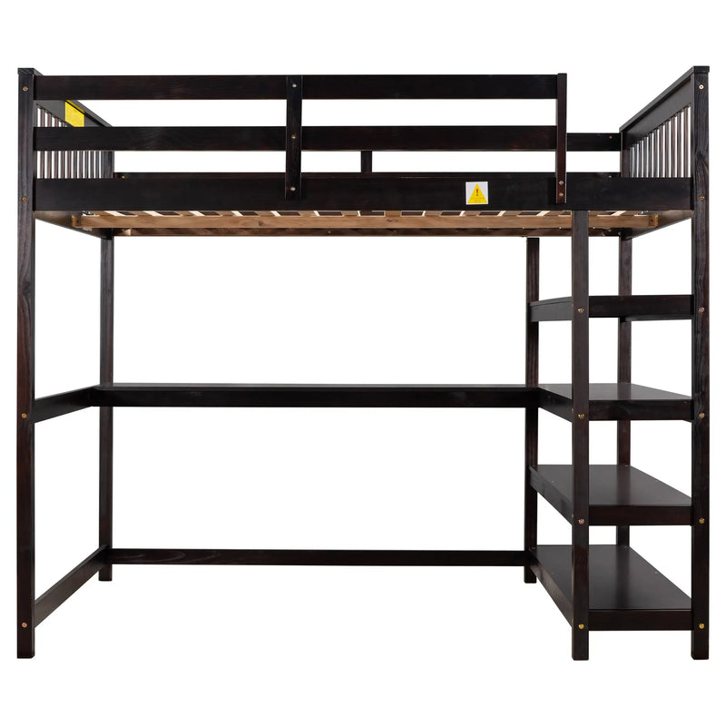 Full Size Loft Bed with Storage Shelves and Under-bed Desk  Espresso eprolo