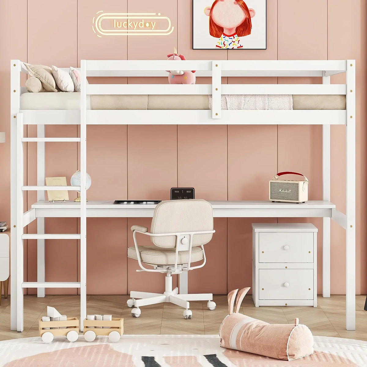 Twin Loft Bed White | Desk & 2 Drawer Storage Cabinet Bed eprolo