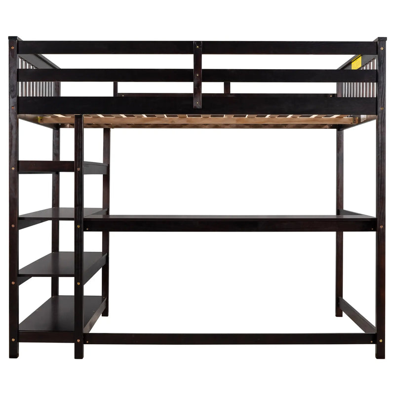 Full Size Loft Bed with Storage Shelves and Under-bed Desk  Espresso eprolo