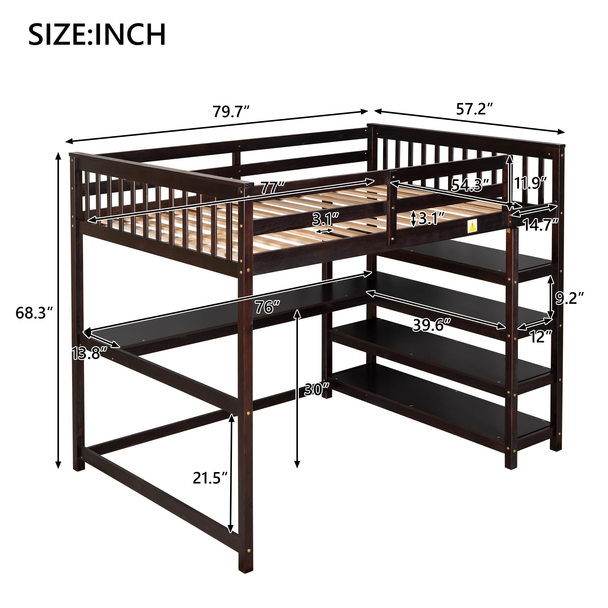 Full Size Loft Bed with Storage Shelves and Under-bed Desk  Espresso eprolo