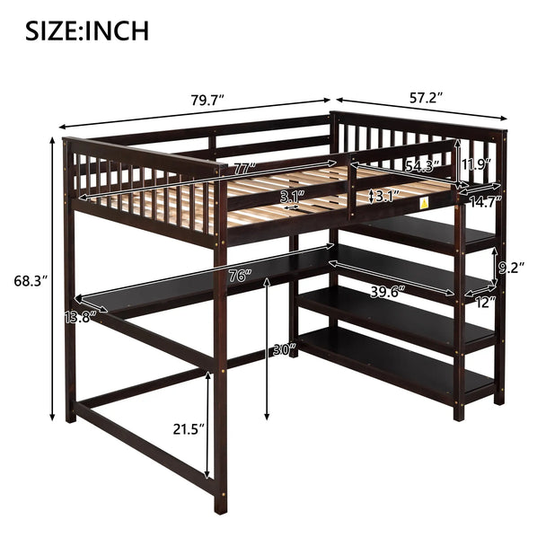 Full Size Loft Bed with Storage Shelves and Under-bed Desk  Espresso eprolo