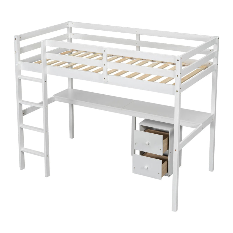 Twin Loft Bed White | Desk & 2 Drawer Storage Cabinet Bed eprolo