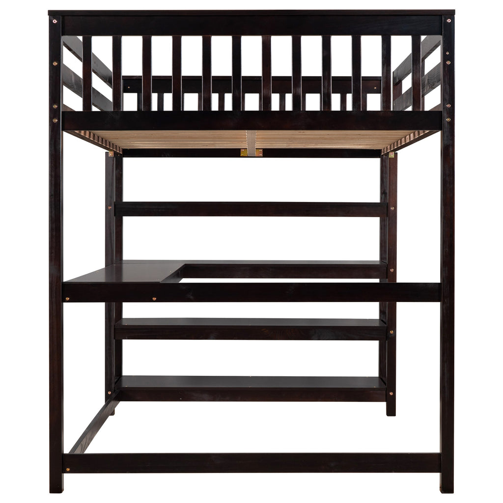 Full Size Loft Bed with Storage Shelves and Under-bed Desk  Espresso eprolo