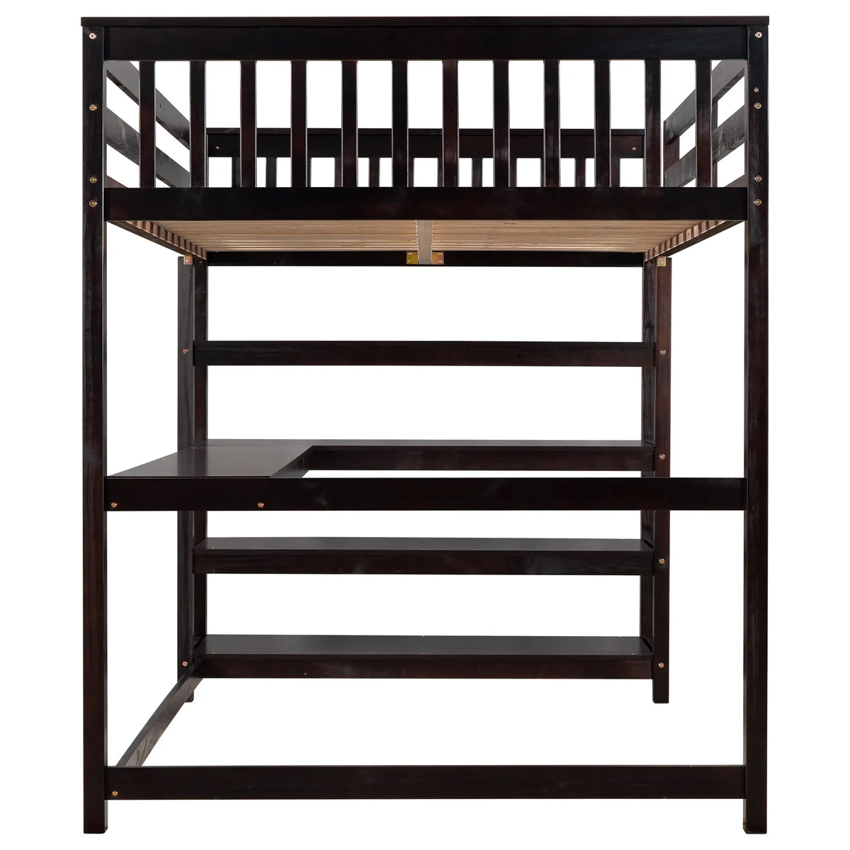 Full Size Loft Bed with Storage Shelves and Under-bed Desk  Espresso eprolo