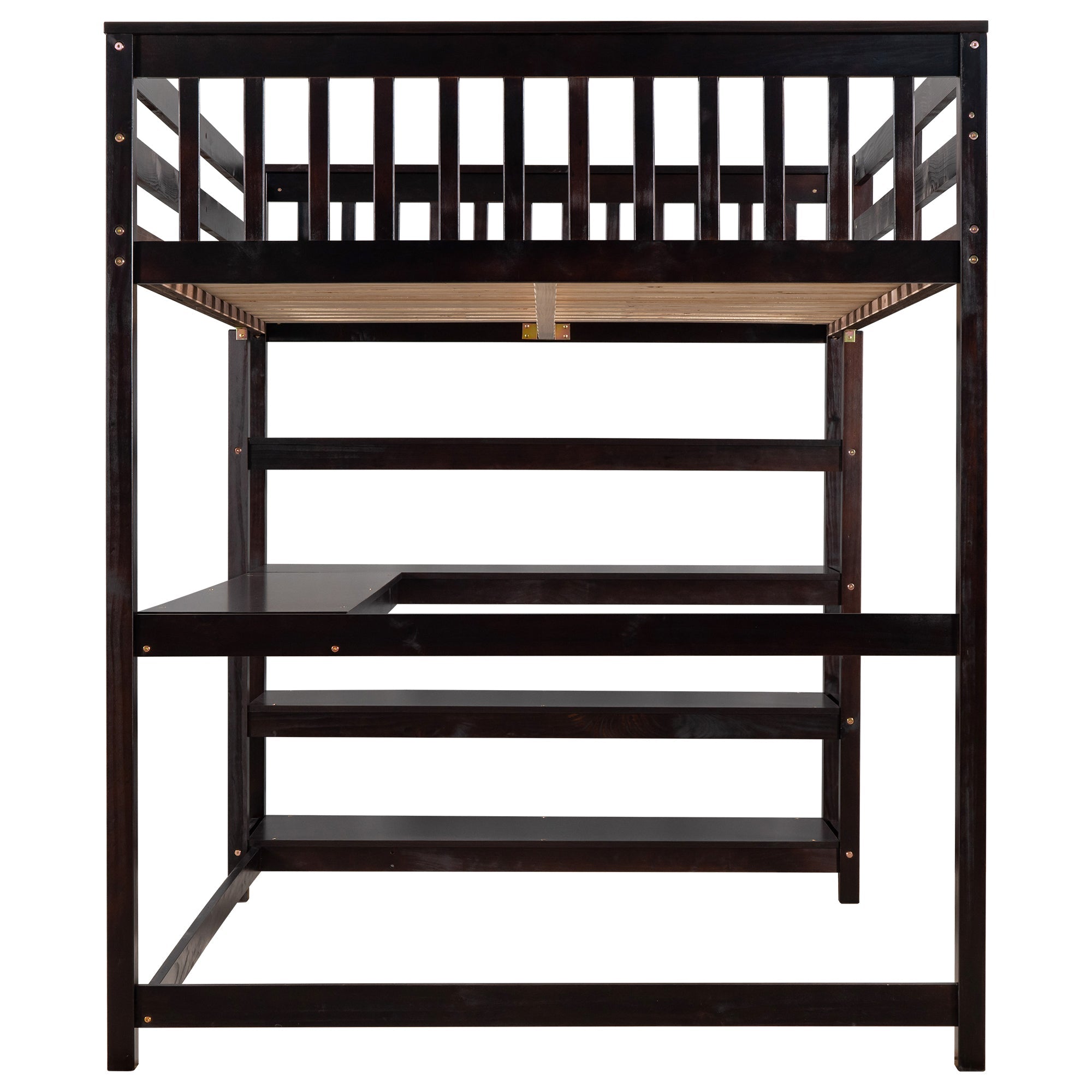 Full Size Loft Bed with Storage Shelves and Under-bed Desk  Espresso eprolo