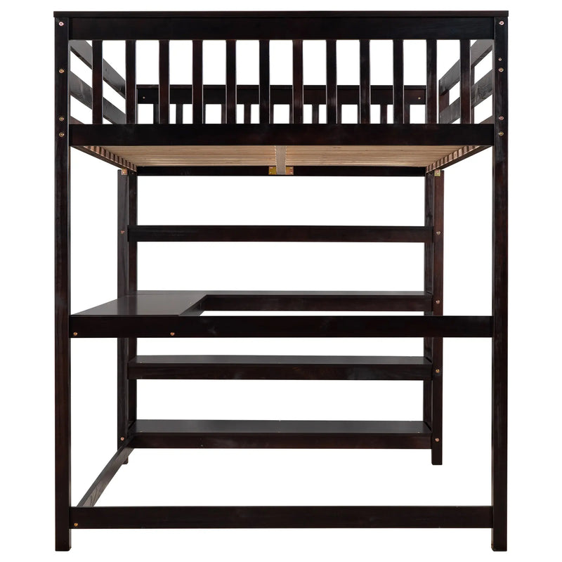 Full Size Loft Bed with Storage Shelves and Under-bed Desk  Espresso eprolo