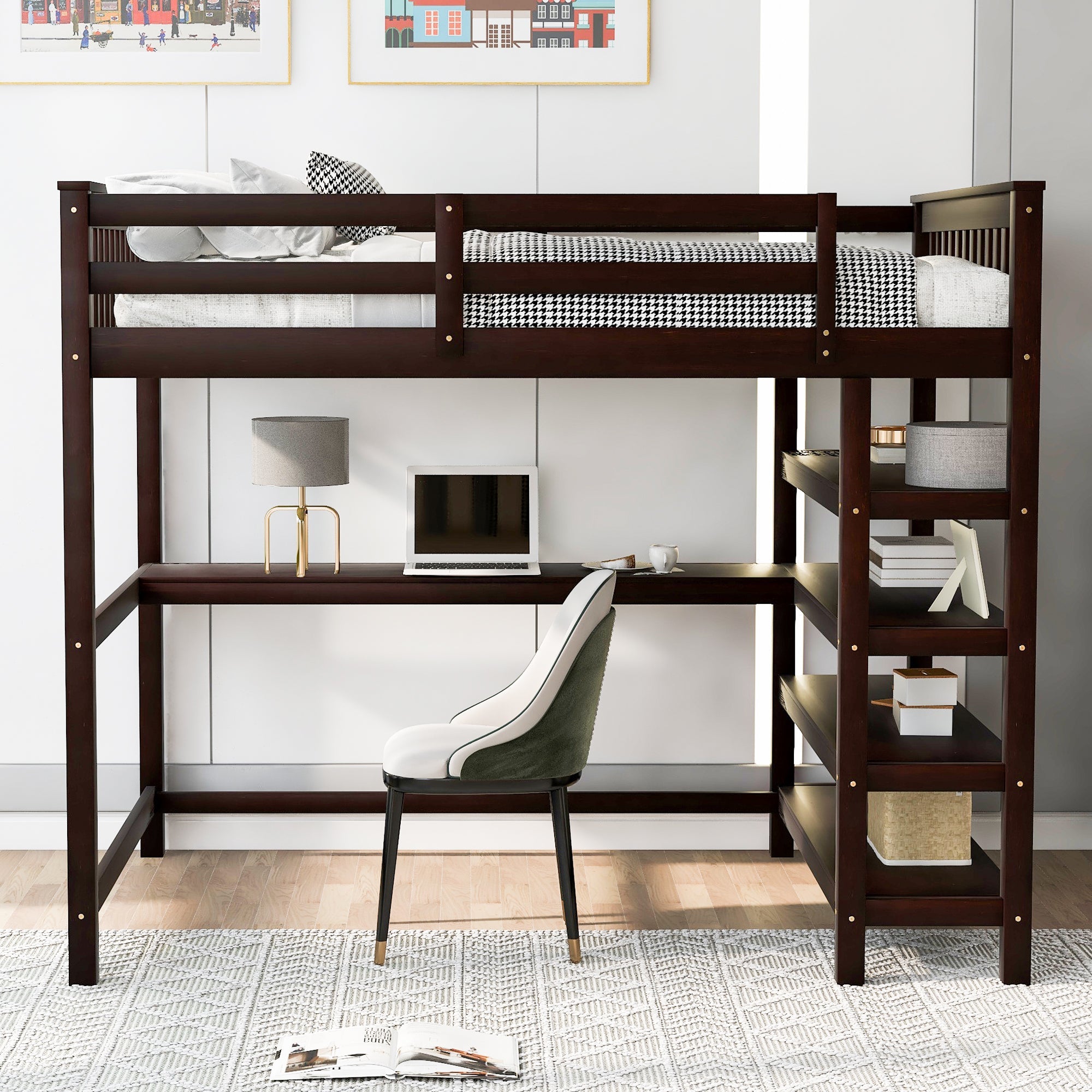 Full Size Loft Bed with Storage Shelves and Under-bed Desk  Espresso eprolo