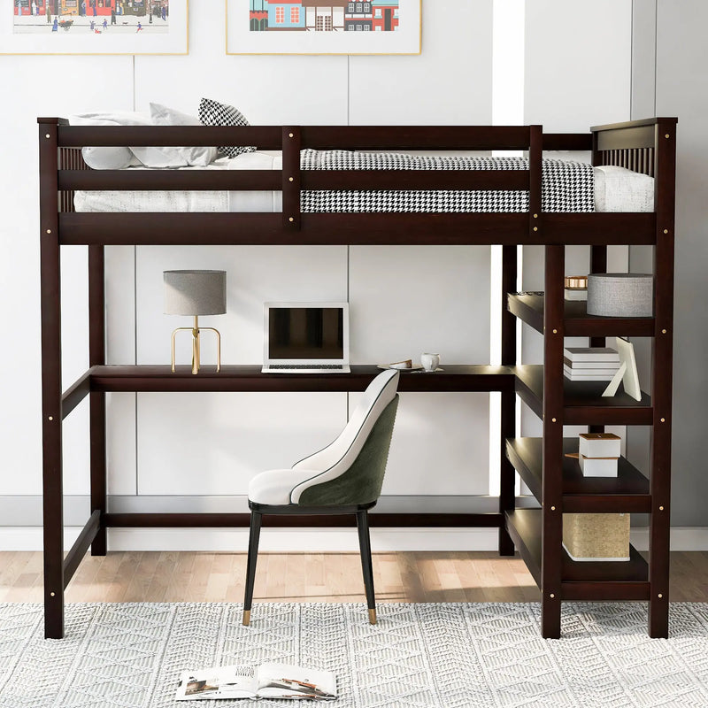 Full Size Loft Bed with Storage Shelves and Under-bed Desk  Espresso eprolo