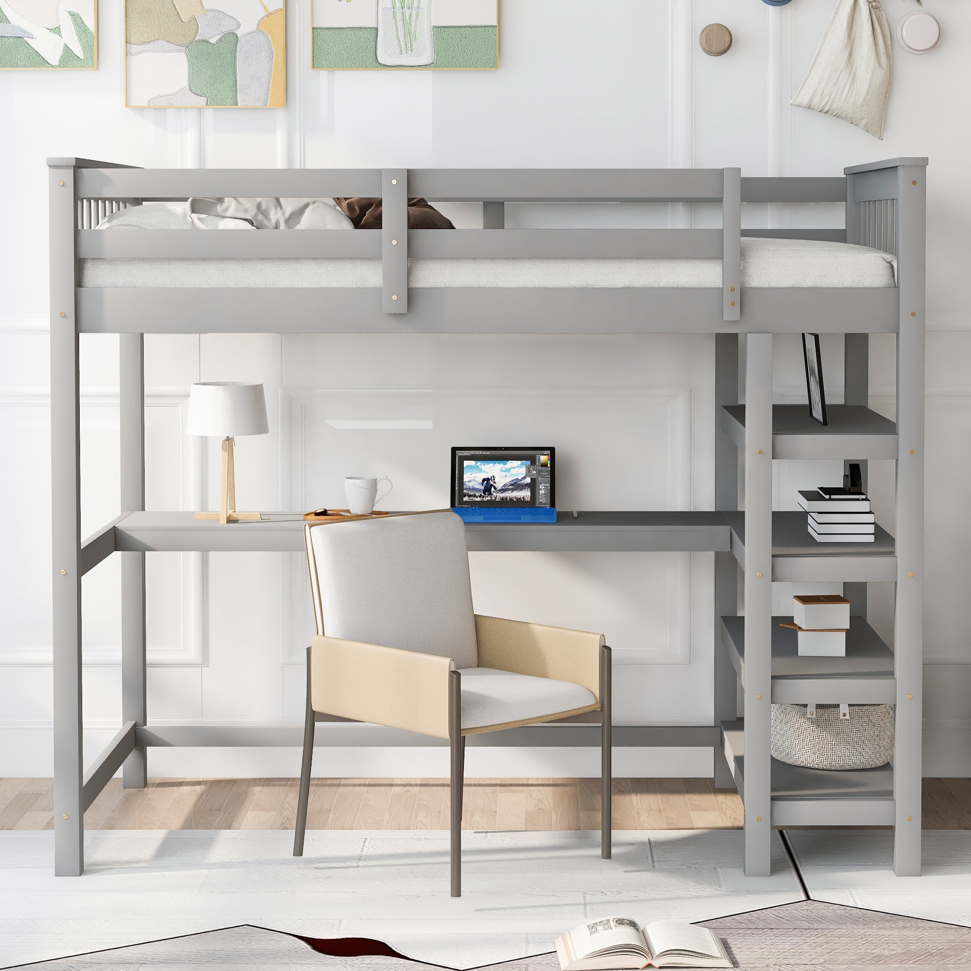 Gray Twin Loft Bed | Desk & Storage Shelves Bedroom Bed eprolo