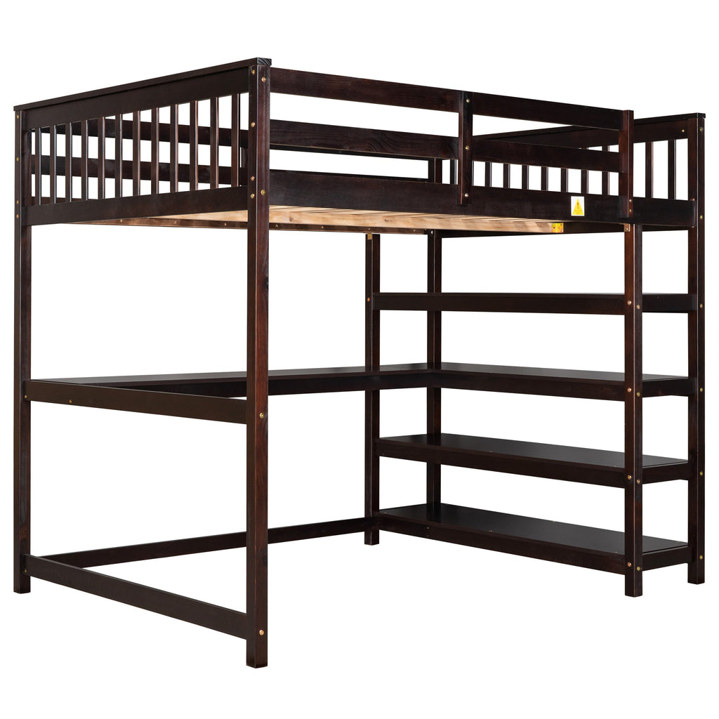 Full Size Loft Bed with Storage Shelves and Under-bed Desk  Espresso eprolo