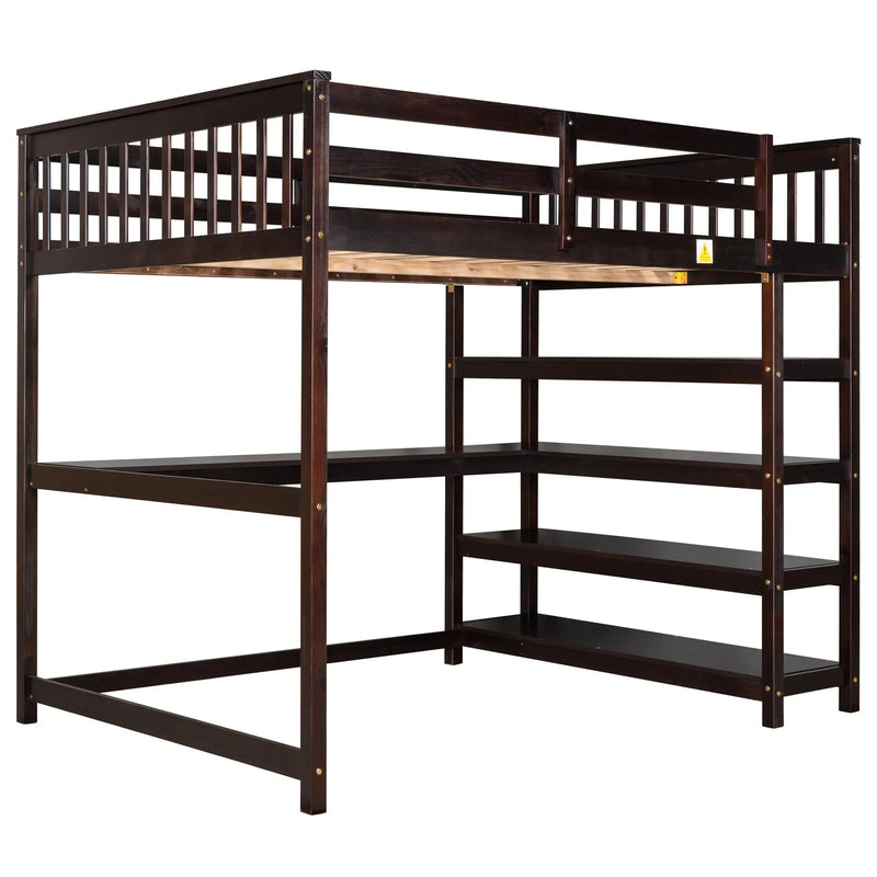 Full Size Loft Bed with Storage Shelves and Under-bed Desk  Espresso eprolo
