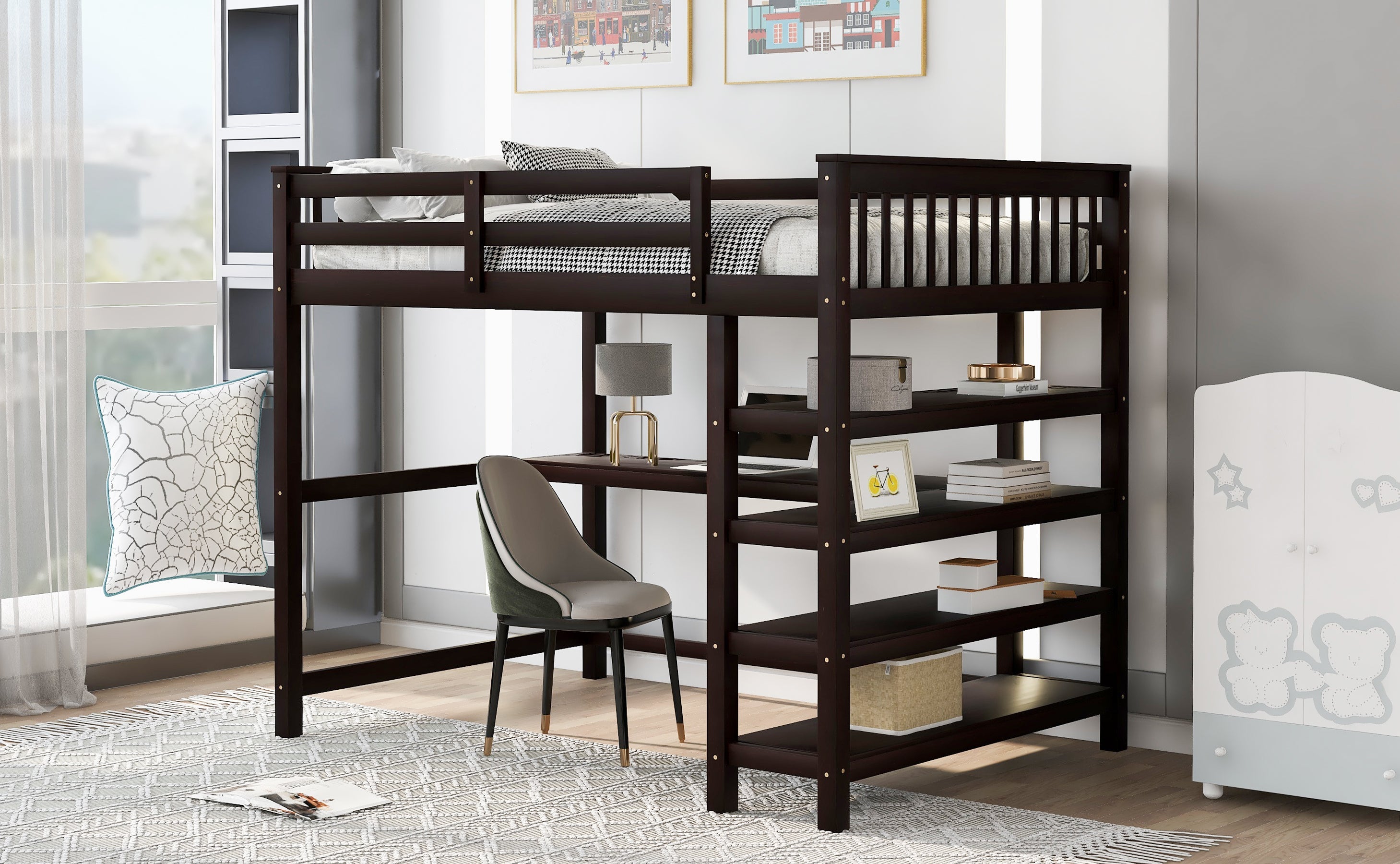 Full Size Loft Bed with Storage Shelves and Under-bed Desk  Espresso eprolo