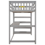 Twin Size Loft Bed with Storage Shelves and Under-bed Desk Gray