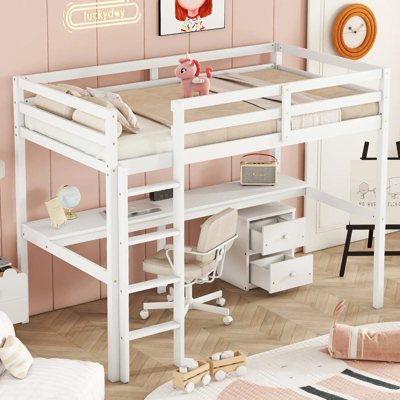 Twin Loft Bed White | Desk & 2 Drawer Storage Cabinet Bed eprolo