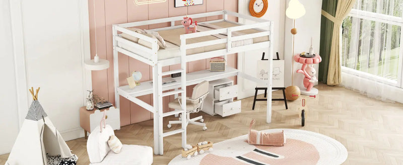 Twin Loft Bed White | Desk & 2 Drawer Storage Cabinet Bed eprolo