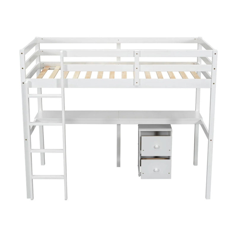 Twin Loft Bed White | Desk & 2 Drawer Storage Cabinet Bed eprolo
